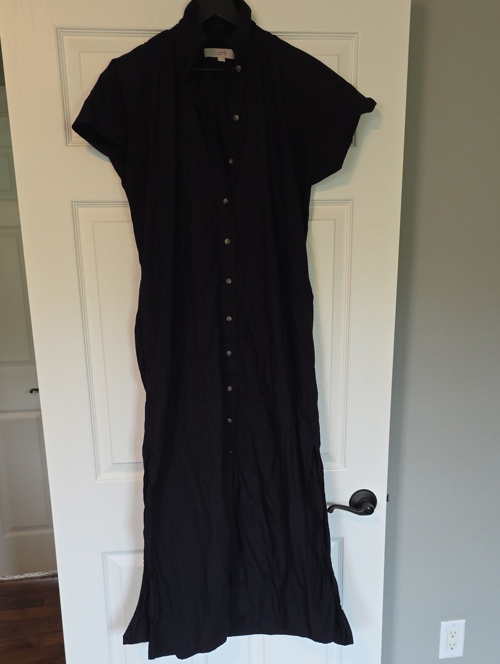 LOFT Black Button-Front Maxi Dress with Short Sleeves
